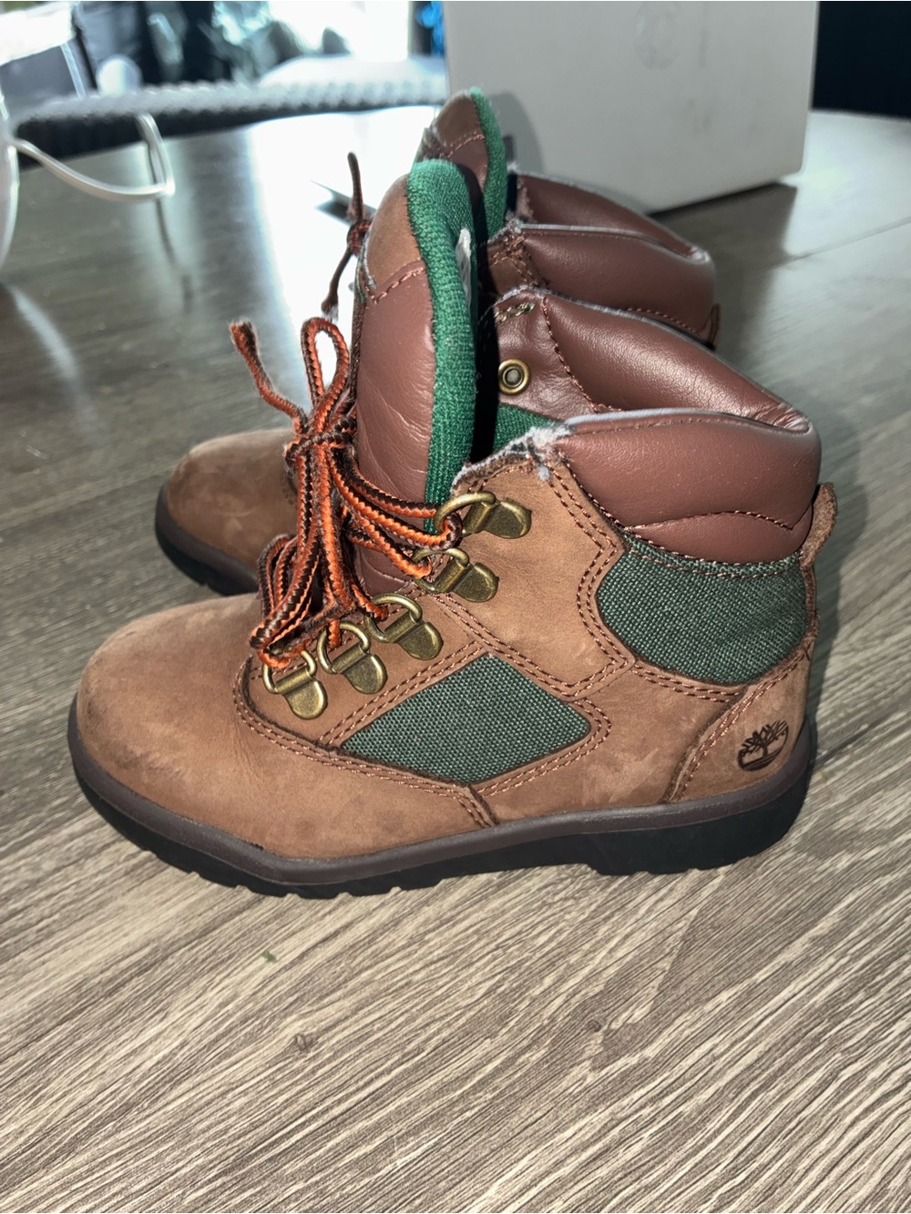 Timberland Kids Brown Leather Hiking Boots with Green Trim - Picture 4 of 6